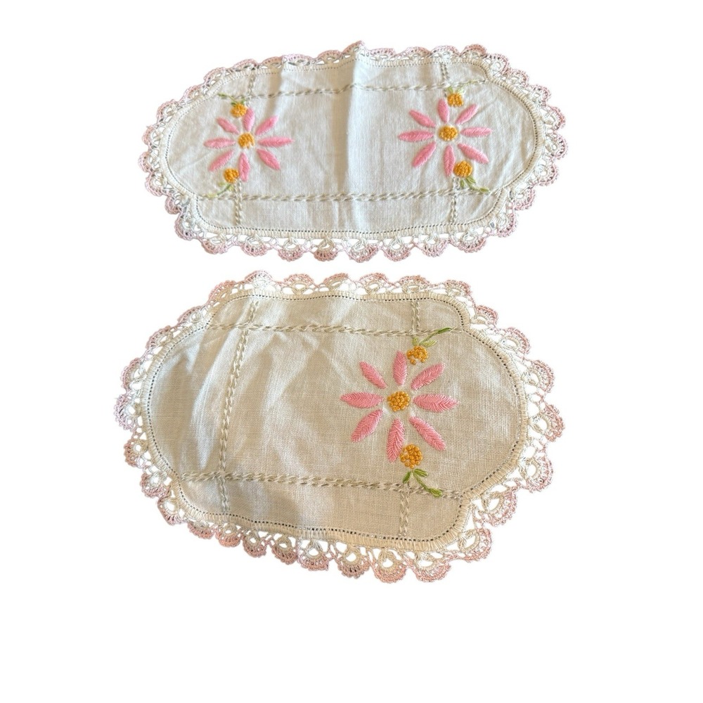 Handmade Vintage Doilies with Pink Crocheted Edge Floral Embroidery Set of 2